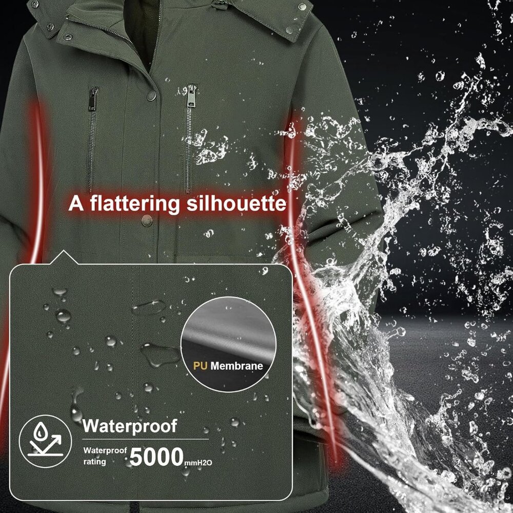 Women's Army Green Waterproof Fleece Lined Detachable Hood Jacket Coat Warm - Picture 5 of 7